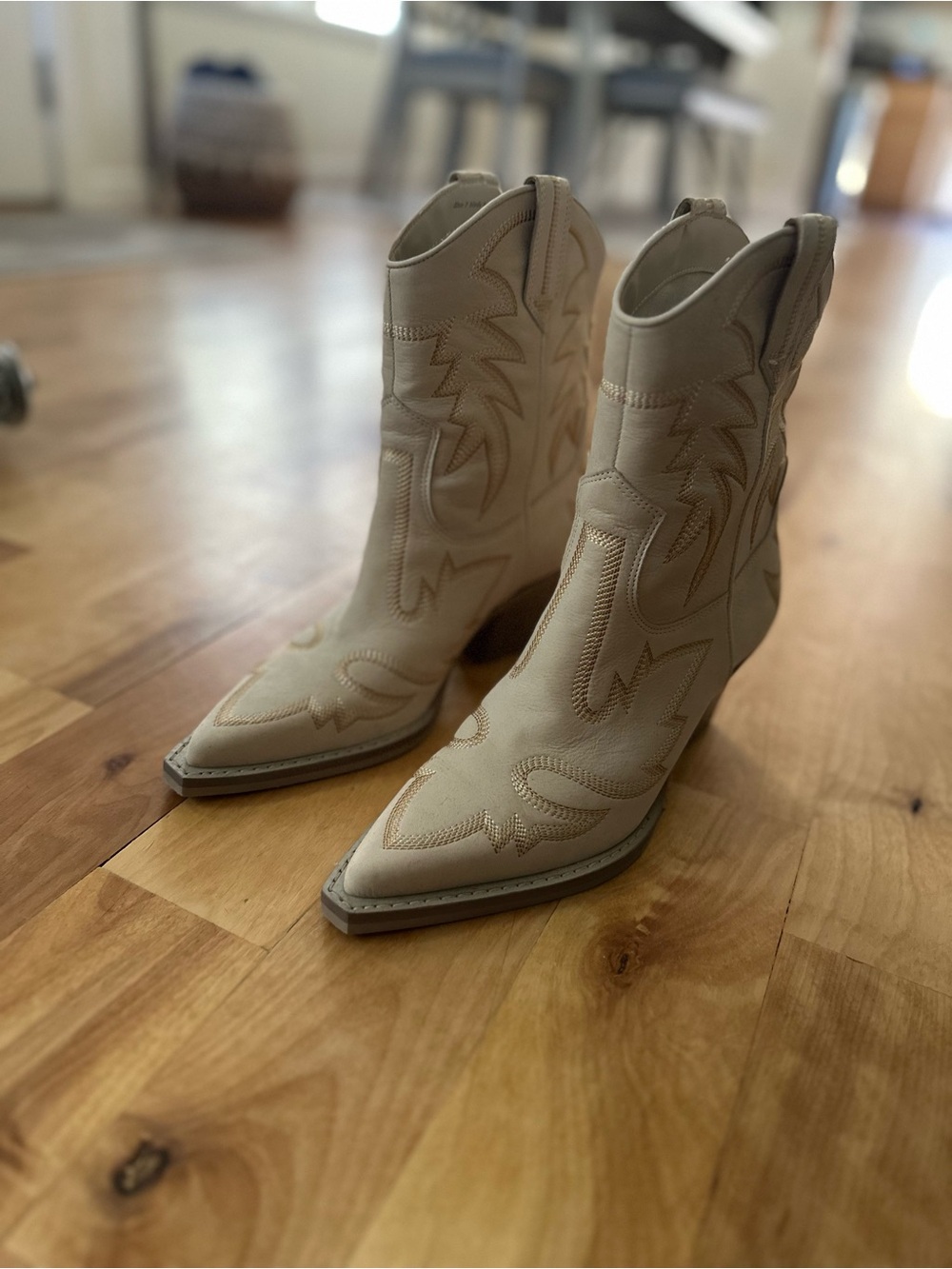 Dolce Vita Pointed-Toe Western Ankle Boots in Light Taupe